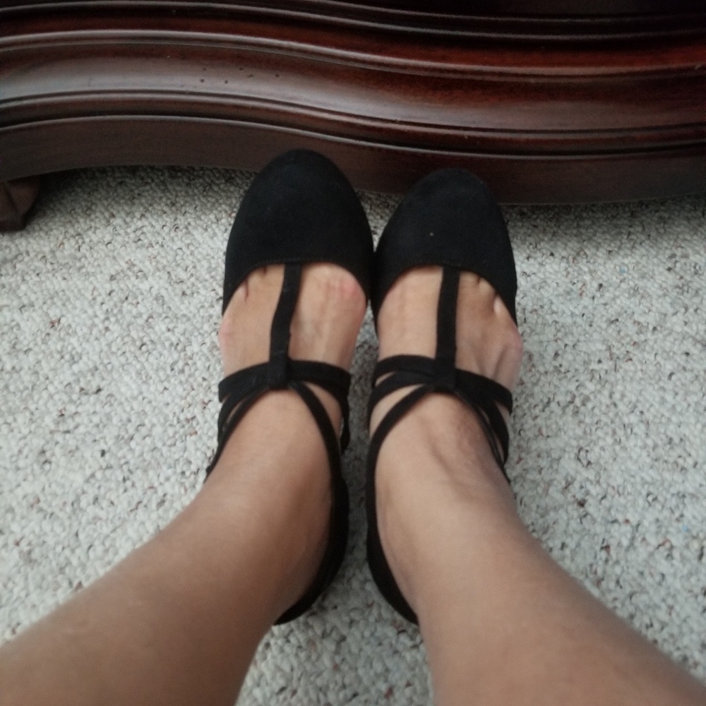Black suede-like material t-strap mary jane heel